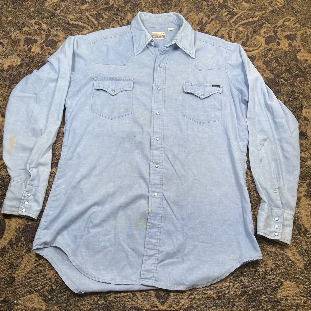 Vtg 70s Sears Western Wear Denim Shirt Mens Size 16-16.5 Pearl Snap Tall Large